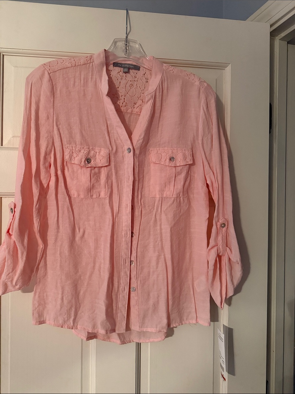 Light Pink Women's Button-Front Top with Lace details- size XS